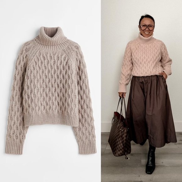 Taupe Cable Knit Turtleneck Sweater (M) - Picture 1 of 4